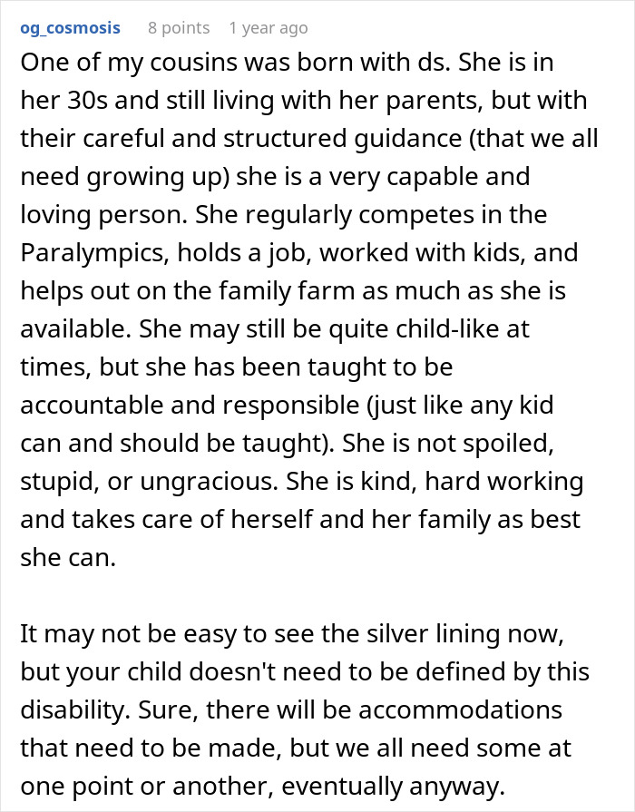 A Reddit comment from a cousin about their relative with Down Syndrome, highlighting their capabilities.