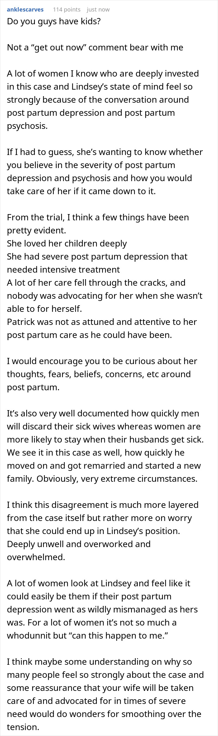 A comment about a wife obsessed with a criminal trial, discussing postpartum depression and supporting a partner.