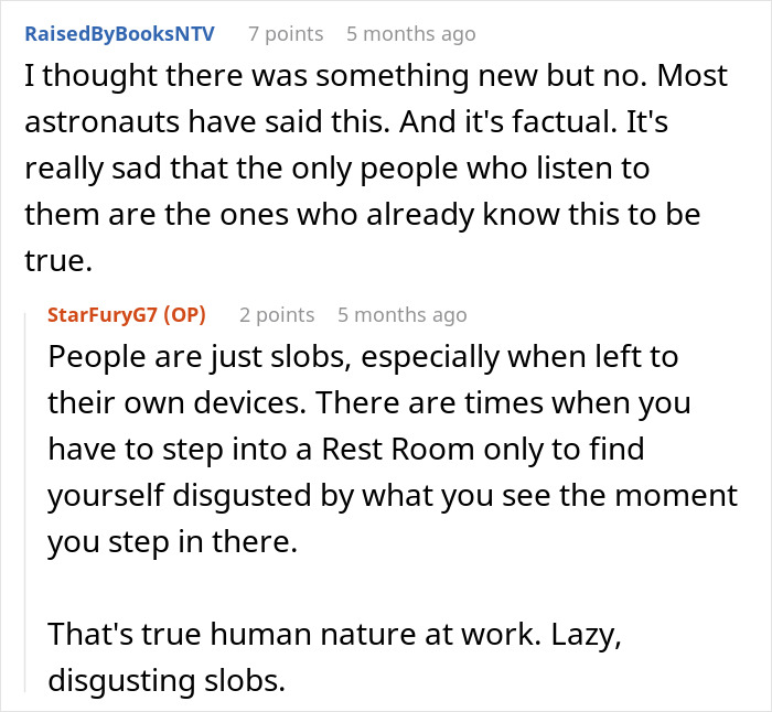 A Reddit comment discussing astronauts realizing the unbelievable life on Earth and human nature.