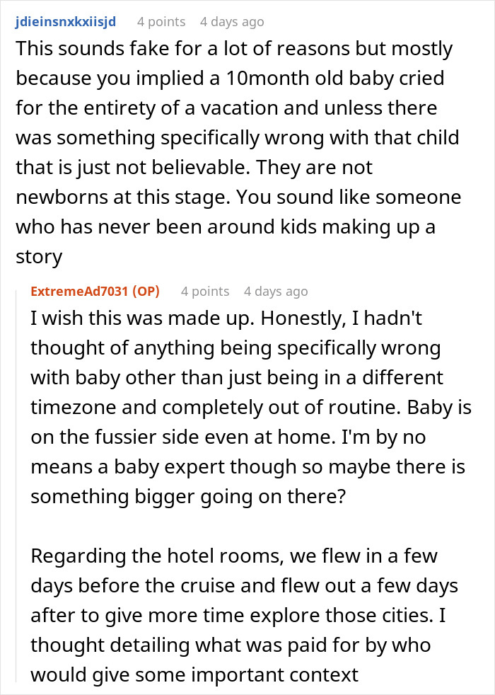A Reddit comment regarding a MIL and SIL family trip, questioning the realism of a baby crying for an entire vacation. A Reddit comment regarding a MIL and SIL family trip, questioning the realism of a baby crying for an entire vacation.