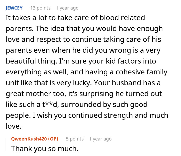 A comment praising the wife's love and respect despite her cheating husband's actions, and his mom's role. A comment praising the wife's love and respect despite her cheating husband's actions, and his mom's role.