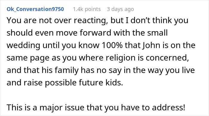 Screenshot of a comment discussing a small wedding, religion, and family influence regarding marriage advice. Screenshot of a comment discussing a small wedding, religion, and family influence regarding marriage advice.