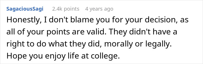 A screenshot of a comment supporting an adopted teen's decision against birth parents' demands. A screenshot of a comment supporting an adopted teen's decision against birth parents' demands.