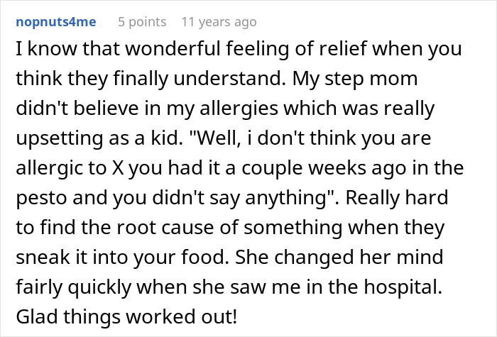 A comment sharing a similar experience with a family member forgetting allergies, finding relief when they understand. A comment sharing a similar experience with a family member forgetting allergies, finding relief when they understand.