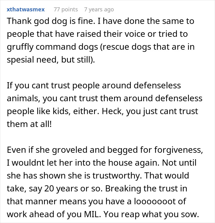 A comment about MIL kicking a senior dog, emphasizing trust with defenseless animals and people. A comment about MIL kicking a senior dog, emphasizing trust with defenseless animals and people.