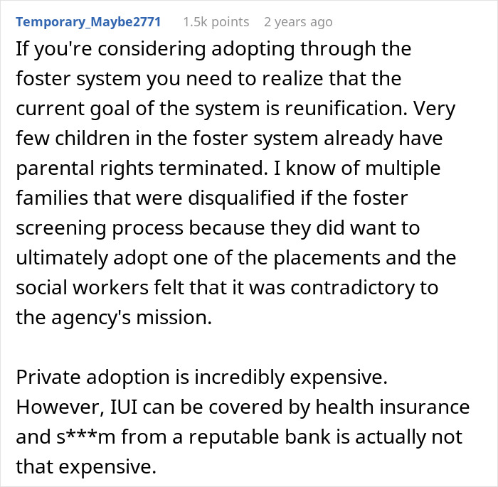 Man questions marriage as a user discusses the foster system, expensive private adoption, and costs of artificial insemination.