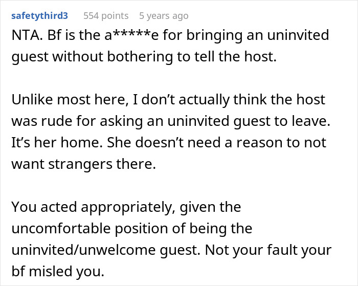 A screenshot of a Reddit comment on why the host's reaction might have been justified given the boyfriend was not welcome.
