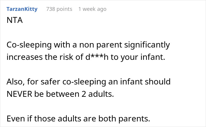 A comment highlighting the risks of co-sleeping with a non-parent for an infant, relevant to wife confronting in-laws.