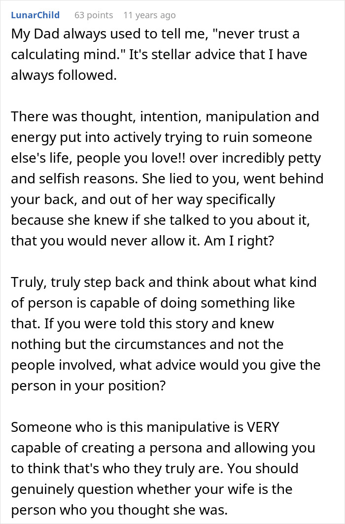 A lengthy comment about a wife's jealousy and a secret police call ending in deportation, analyzing the wife's manipulative behavior.