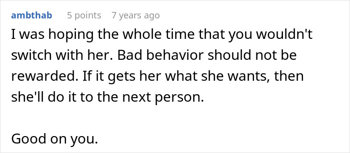 A comment about a woman finding her mom sitting in her plane seat and not switching after being ignored. A comment about a woman finding her mom sitting in her plane seat and not switching after being ignored.