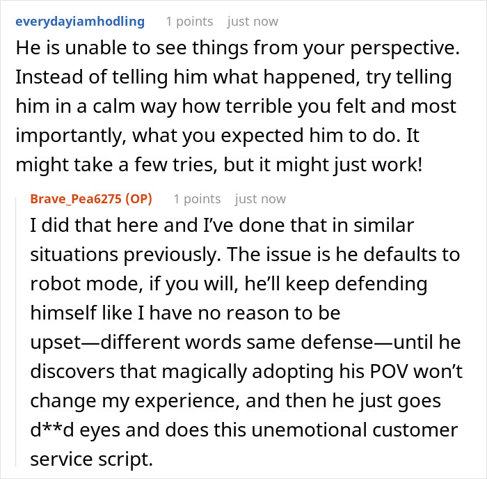 A user suggests telling a husband how she feels, as he struggles to see her perspective in their relationship after leaving her pregnant. A user suggests telling a husband how she feels, as he struggles to see her perspective in their relationship after leaving her pregnant.