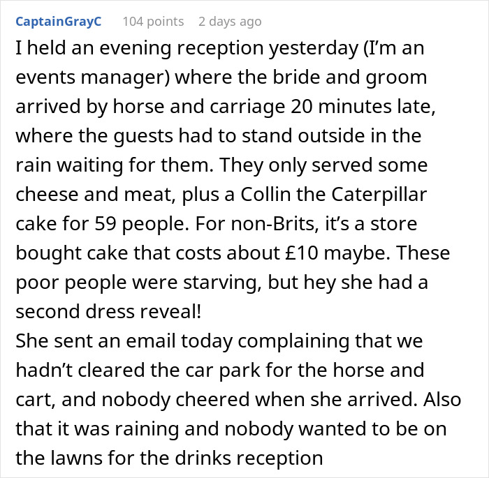 A Reddit post about wedding guests receiving only appetizers, leading to a hunger fight at the wedding. A Reddit post about wedding guests receiving only appetizers, leading to a hunger fight at the wedding.