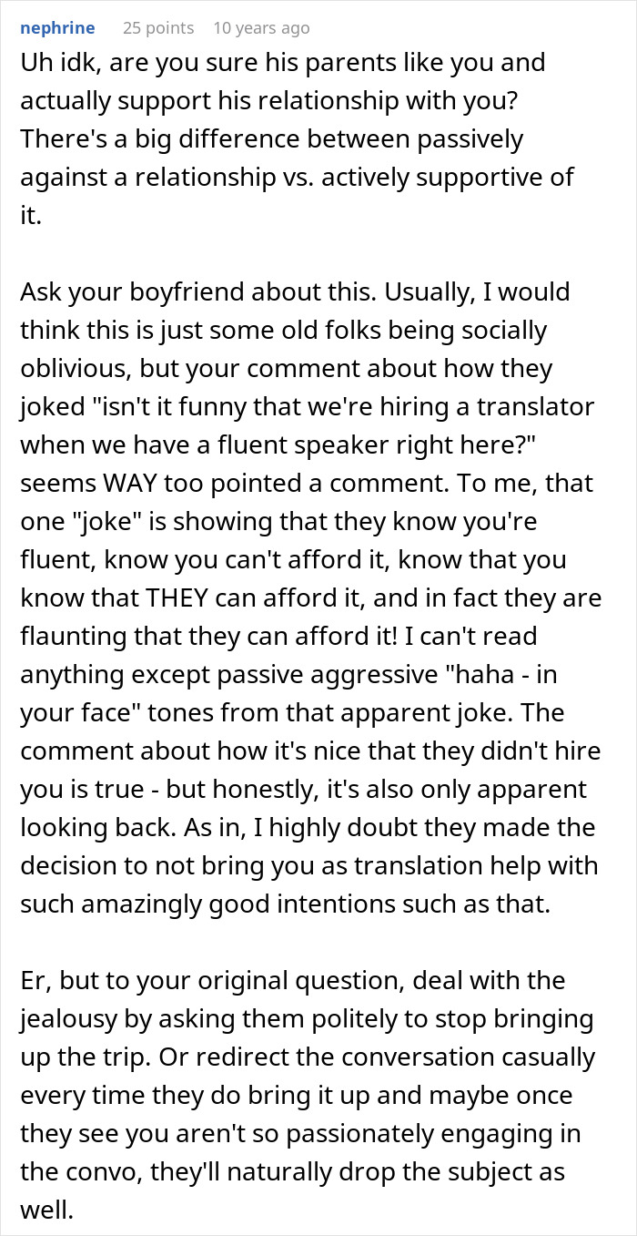 A screenshot of a Reddit comment section where a user advises a woman to address her boyfriend's family's cruel plan. A screenshot of a Reddit comment section where a user advises a woman to address her boyfriend's family's cruel plan.