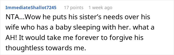 Man's decision making caused his wife to confront in-laws and defend her marital bed; wife and baby.