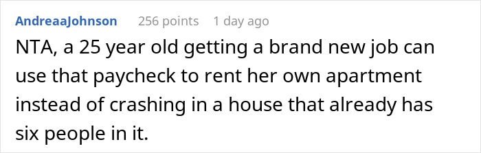 A comment about a couple deciding against housing their 25YO niece, suggesting she rent her own apartment. A comment about a couple deciding against housing their 25YO niece, suggesting she rent her own apartment.