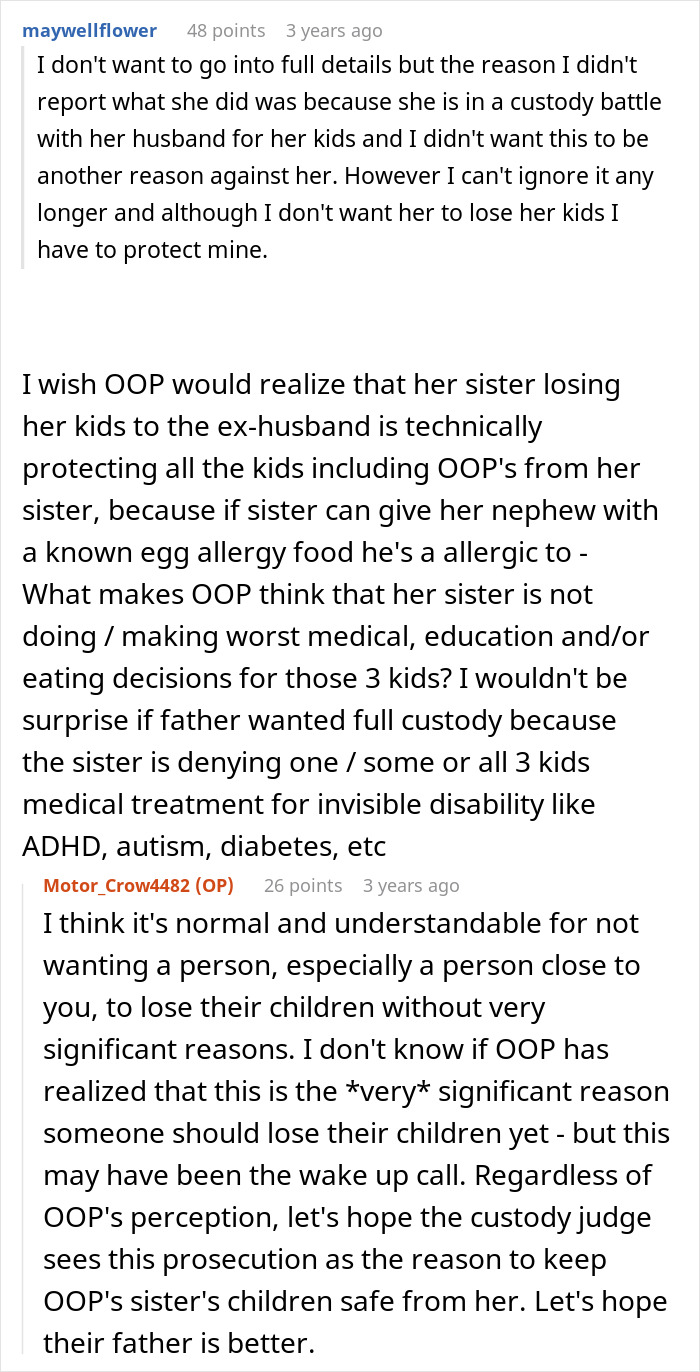 A screenshot of a Reddit comment discussing how a woman's sister triggered her son's allergy. A screenshot of a Reddit comment discussing how a woman's sister triggered her son's allergy.
