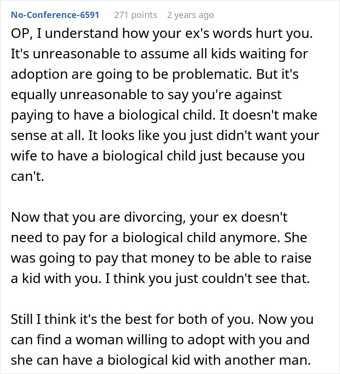 A screenshot of a comment explaining how a wife's beliefs about conceiving children affected her marriage.