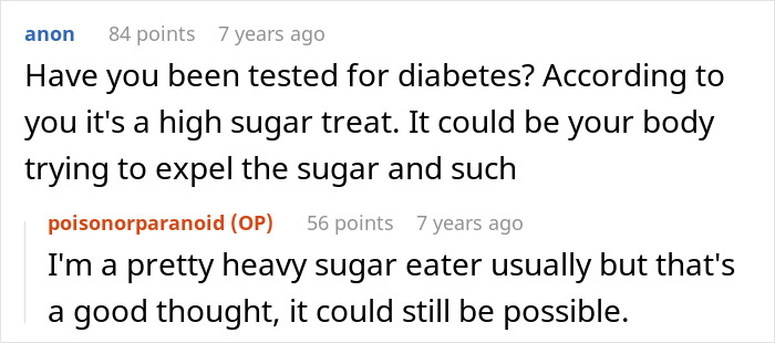 A Reddit comment asking if the woman has been tested for diabetes, given her mysterious sickness after eating dessert.