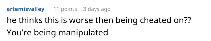 A social media comment discussing the fiancé's reaction to the blocked card and cleaning lesson. A social media comment discussing the fiancé's reaction to the blocked card and cleaning lesson.