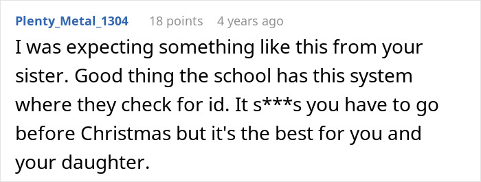 Reddit comment on a woman adopting her sister's baby, praising school ID checks and the difficult move. Reddit comment on a woman adopting her sister's baby, praising school ID checks and the difficult move.