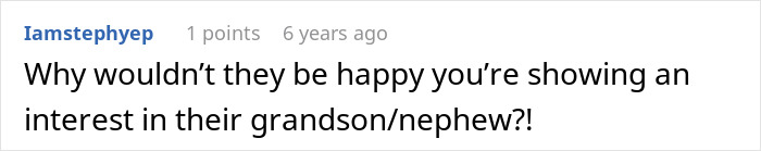 A comment wondering why showing interest in a stepson is perceived as buying love by Grandma.