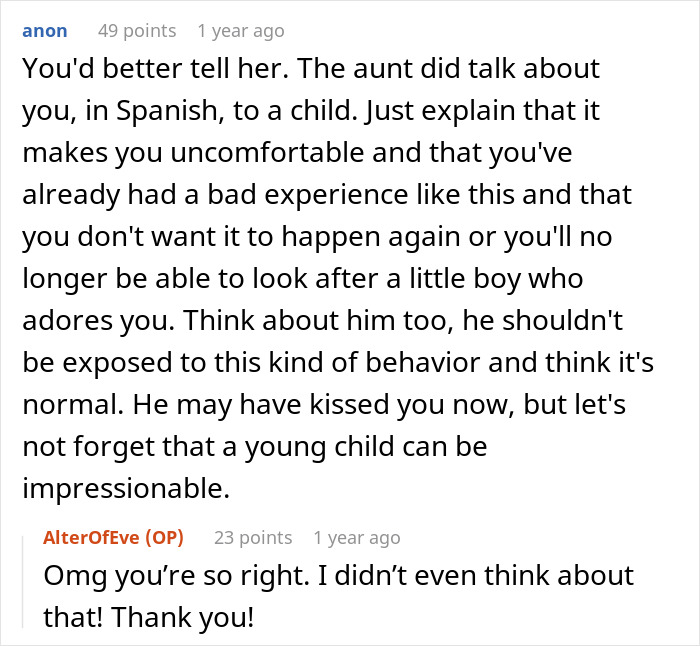 A babysitter receiving advice on how to handle an aunt who bullied her in her own language, leading to a harsh reality check.
