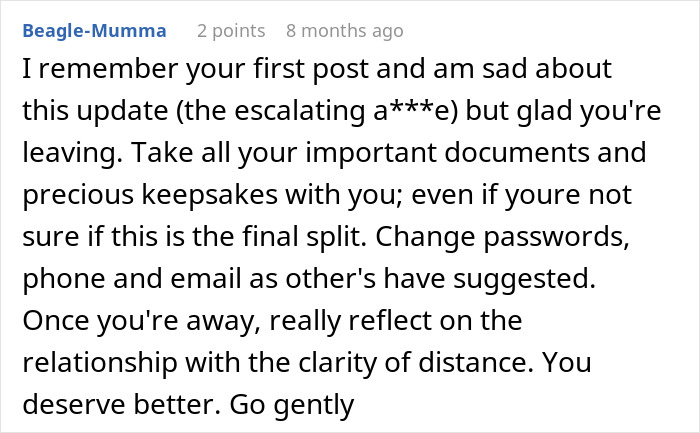 A comment advises taking documents and keepsakes, changing passwords, and reflecting on the 7-year relationship red flag. A comment advises taking documents and keepsakes, changing passwords, and reflecting on the 7-year relationship red flag.