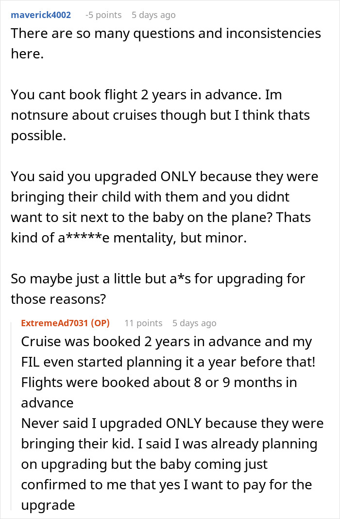 A Reddit comment questioning flight booking timelines and reasons for upgrading flight tickets on a family trip. A Reddit comment questioning flight booking timelines and reasons for upgrading flight tickets on a family trip.