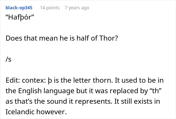 A Reddit comment regarding The Mountain's name, Hafþór, and its meaning, mentioning Game of Thrones. A Reddit comment regarding The Mountain's name, Hafþór, and its meaning, mentioning Game of Thrones.
