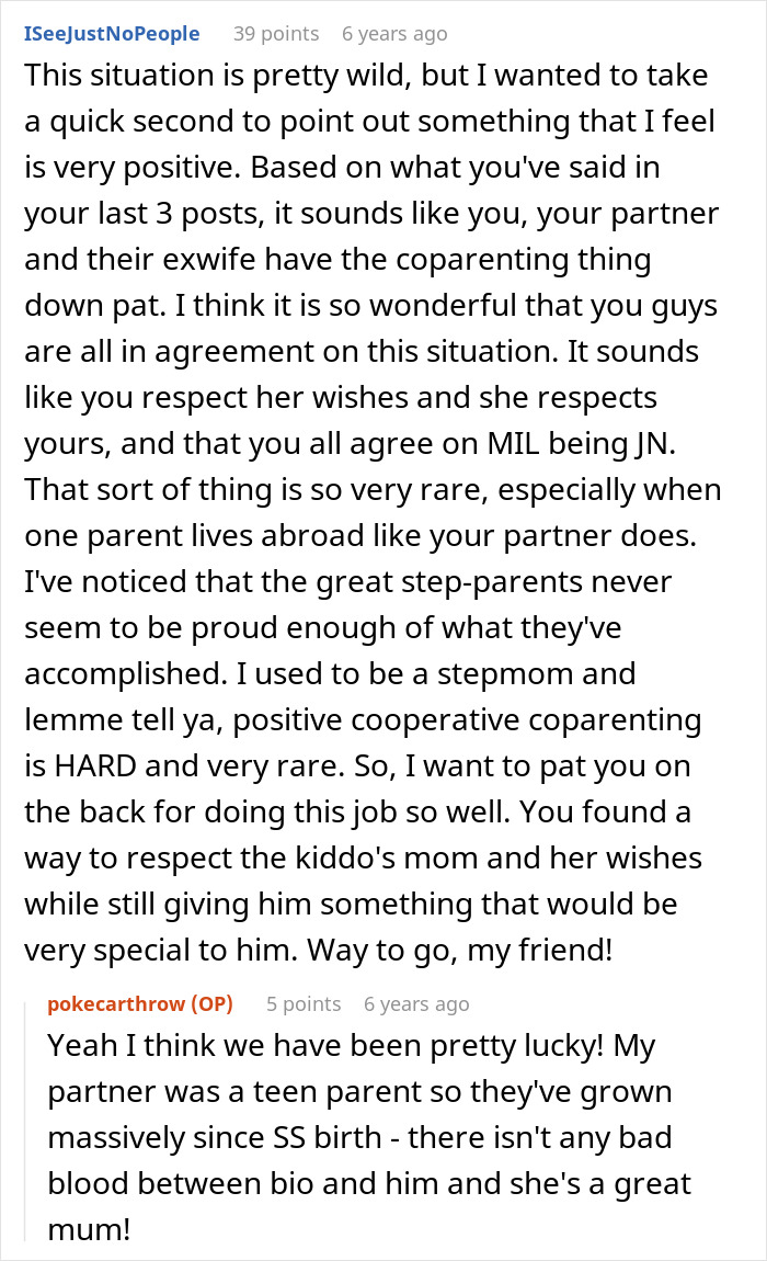 Reddit user praises positive coparenting and respecting ex-wife's wishes, showing love for stepson with gifts.