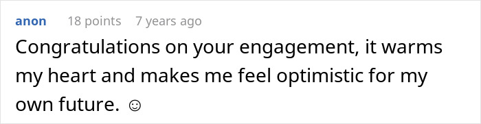 A congratulatory comment on an engagement, feeling optimistic about the future despite initial concerns about female friends.