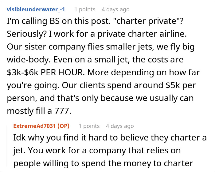 A Reddit comment debating the costs of chartering a private flight for a family trip. A Reddit comment debating the costs of chartering a private flight for a family trip.