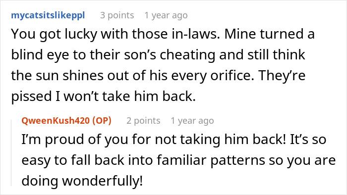 A comment about lucky in-laws compared to those who ignore a cheating husband, and not taking him back. A comment about lucky in-laws compared to those who ignore a cheating husband, and not taking him back.