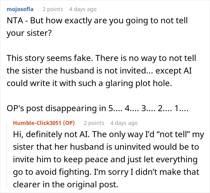 A Reddit comment questioning the story about the woman drawing the line at her wedding and her toxic BIL. A Reddit comment questioning the story about the woman drawing the line at her wedding and her toxic BIL.