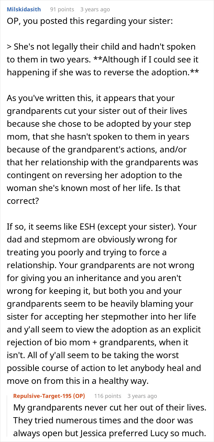 A comment discusses how a brother refuses to give inheritance to his sister, who chose to be adopted by her stepmom. A comment discusses how a brother refuses to give inheritance to his sister, who chose to be adopted by her stepmom.
