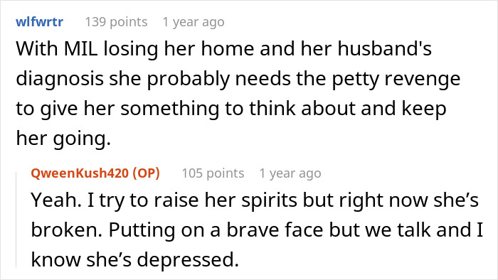 A user discusses the petty revenge for the cheating husband and his mother's need for it. A user discusses the petty revenge for the cheating husband and his mother's need for it.