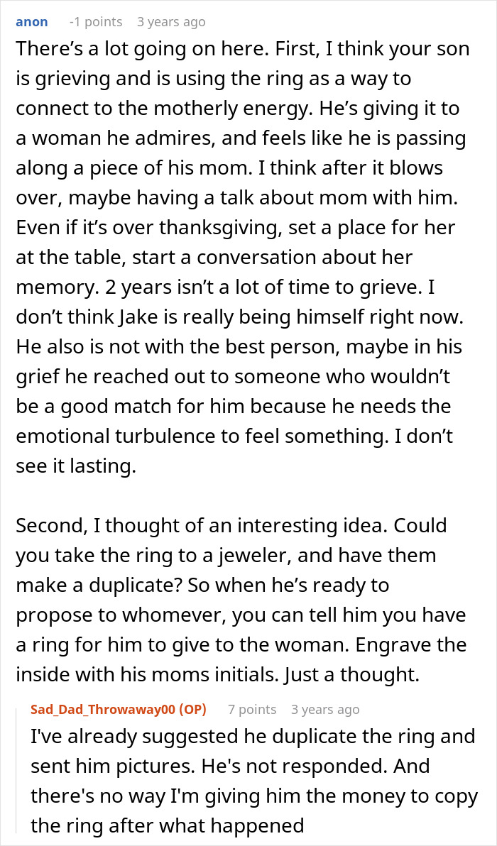 Advice given to a dad whose son stole a family heirloom to propose, including creating a duplicate ring. Advice given to a dad whose son stole a family heirloom to propose, including creating a duplicate ring.