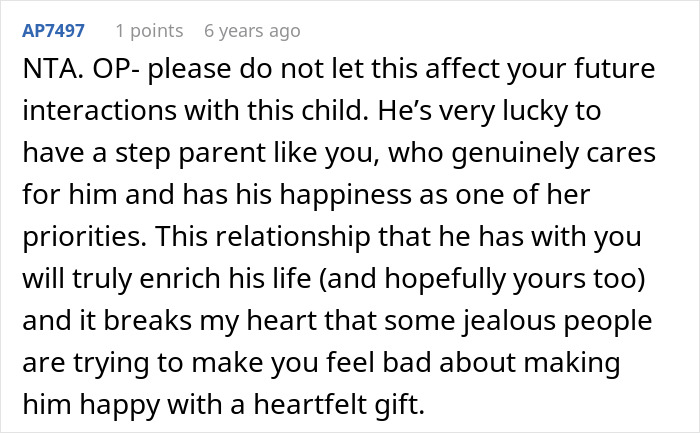 Screenshot of Reddit comment discussing grandma accusing person of buying stepson's love with gifts.