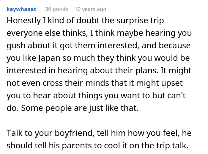 A screenshot of a Reddit comment suggesting the boyfriend's family's cruel plan might be unintentional. A screenshot of a Reddit comment suggesting the boyfriend's family's cruel plan might be unintentional.
