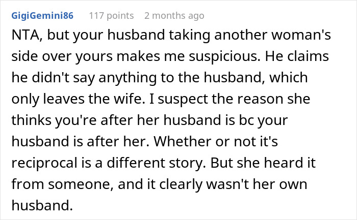 A Reddit comment discussing a husband taking a neighbor's side over his wife, suspecting the husband is after the neighbor.