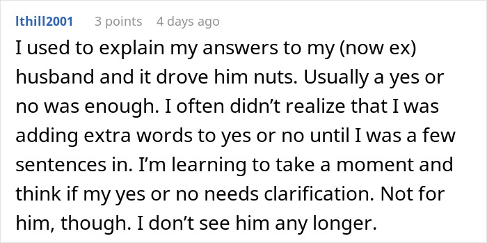 A user's comment about understanding the importance of concise answers after a relationship, relevant to the entitled woman.