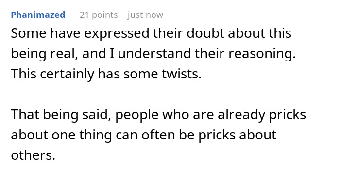 A comment expressing doubt about the story where a guy's affair was exposed before a group vacation. A comment expressing doubt about the story where a guy's affair was exposed before a group vacation.
