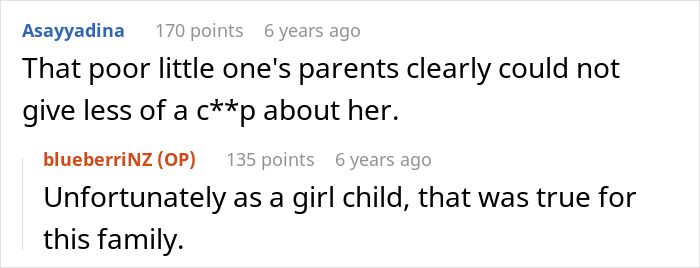 Entitled parent late: User comment on neglect, with OP confirming the family's lack of care for the girl child.