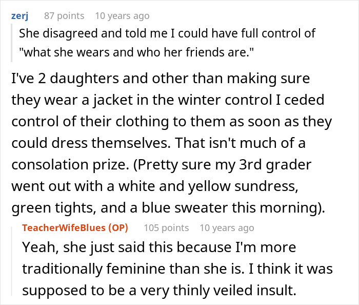 A screenshot of a Reddit comment where a user discusses wardrobe rights given to a wife in return for controlling kid's education.