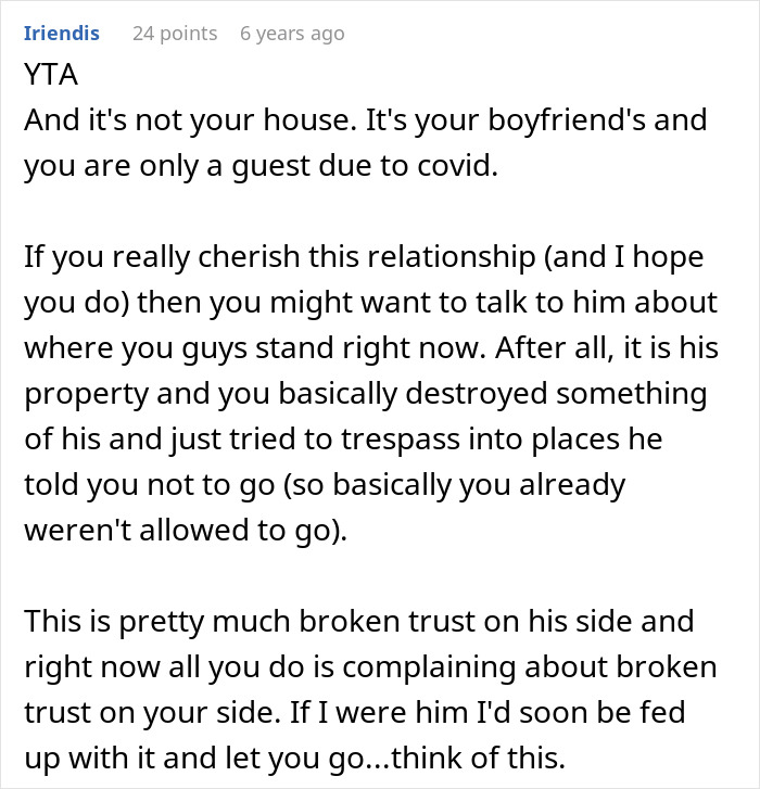 A Reddit comment from Iriendis stating that the house is the boyfriend's and the woman is a guest during Covid.