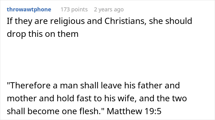 A screenshot of a religious quote from Matthew 19:5, relevant to a MIL driving a woman to leave her son. A screenshot of a religious quote from Matthew 19:5, relevant to a MIL driving a woman to leave her son.