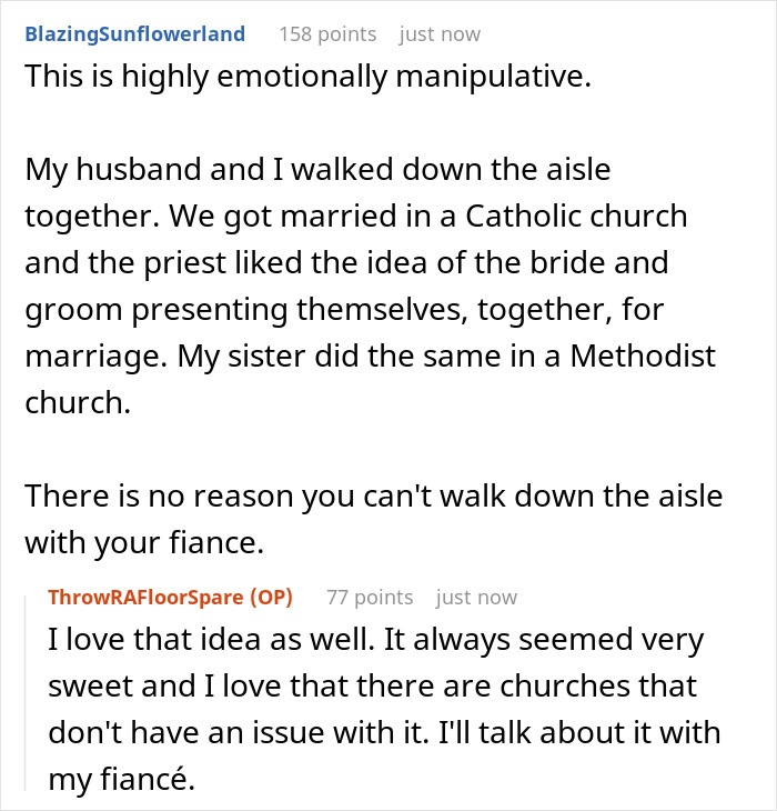 A screenshot of a social media comment suggesting a bride and groom can walk down the aisle together, offering an alternative to having her dad or stepdad walk her down the aisle.
