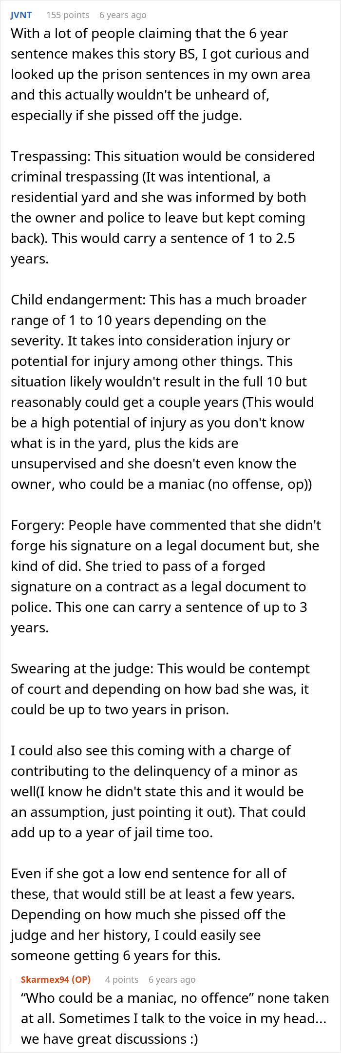 A Reddit comment detailing potential prison sentences for child endangerment, trespassing, and forgery related to kids trespass. A Reddit comment detailing potential prison sentences for child endangerment, trespassing, and forgery related to kids trespass.