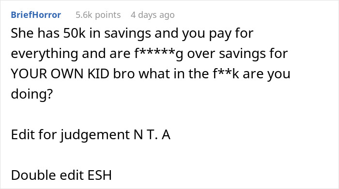 A Reddit comment expressing disbelief about a guy paying for everything while his girlfriend wants him to split her son's sports fees. A Reddit comment expressing disbelief about a guy paying for everything while his girlfriend wants him to split her son's sports fees.