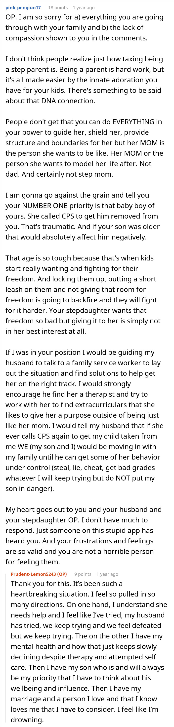 Reddit comment detailing challenges with husband's kid and stepdaughter, seeking support for the woman. Reddit comment detailing challenges with husband's kid and stepdaughter, seeking support for the woman.